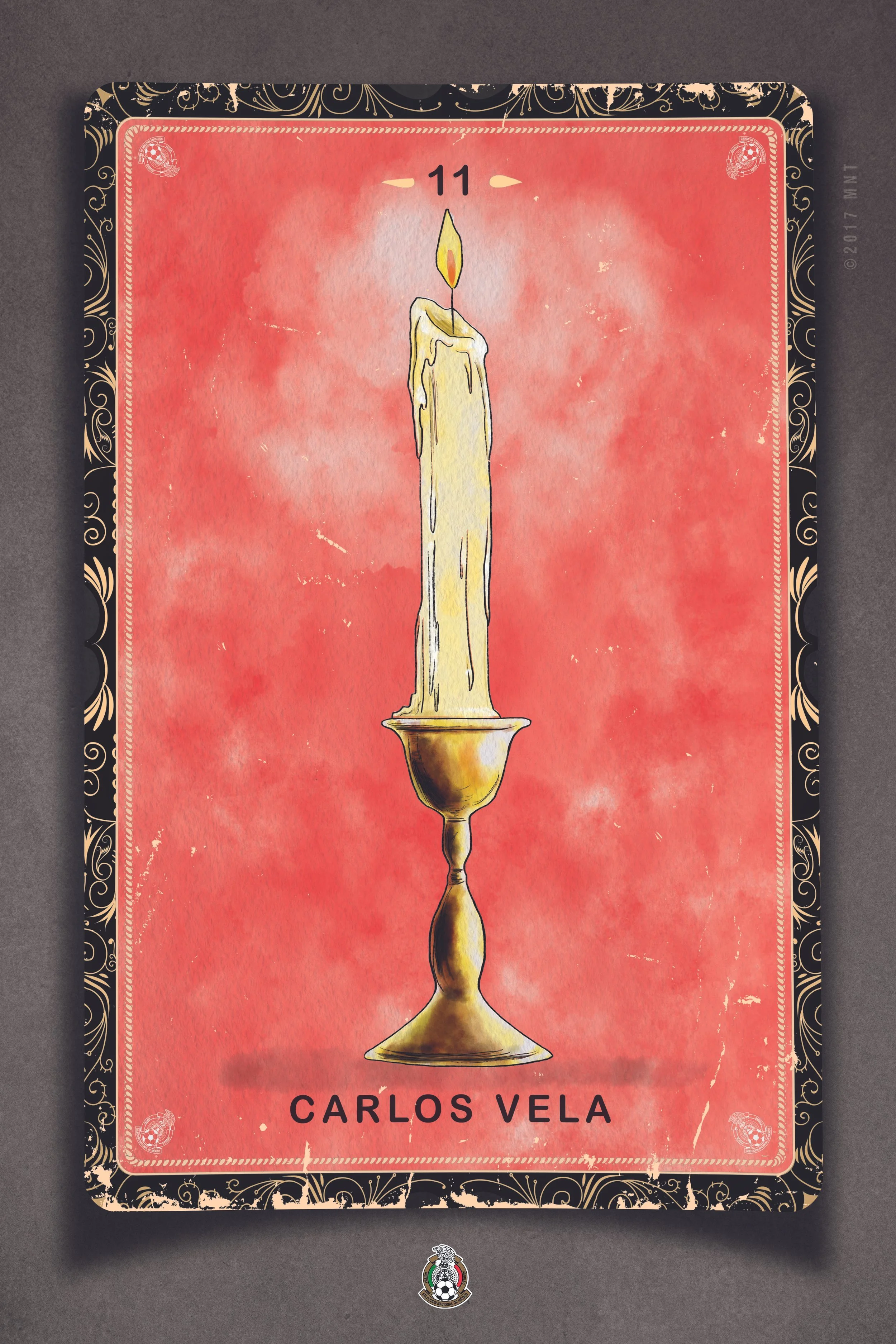 A tarot card featuring a lit candle on a gold candle holder against a red background, with the number 11 at the top and the name 'Carlos Vela' at the bottom.
