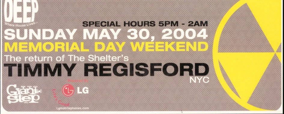 Event flyer for Timmy Regisford's return concert at The Shelter, NYC, on Memorial Day weekend, May 30, 2004, with special hours from 5 PM to 2 AM.