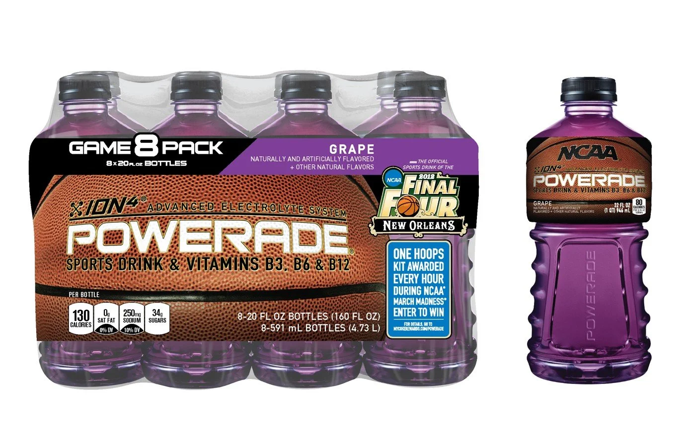 A pack of eight Powerade sports drink bottles, purple-colored, with one bottle shown separate on the right. The label indicates it's grape flavor, with vitamin B3, B6, and B12. The pack features NCAA Final Four branding and a blue sticker about a basketball contest.