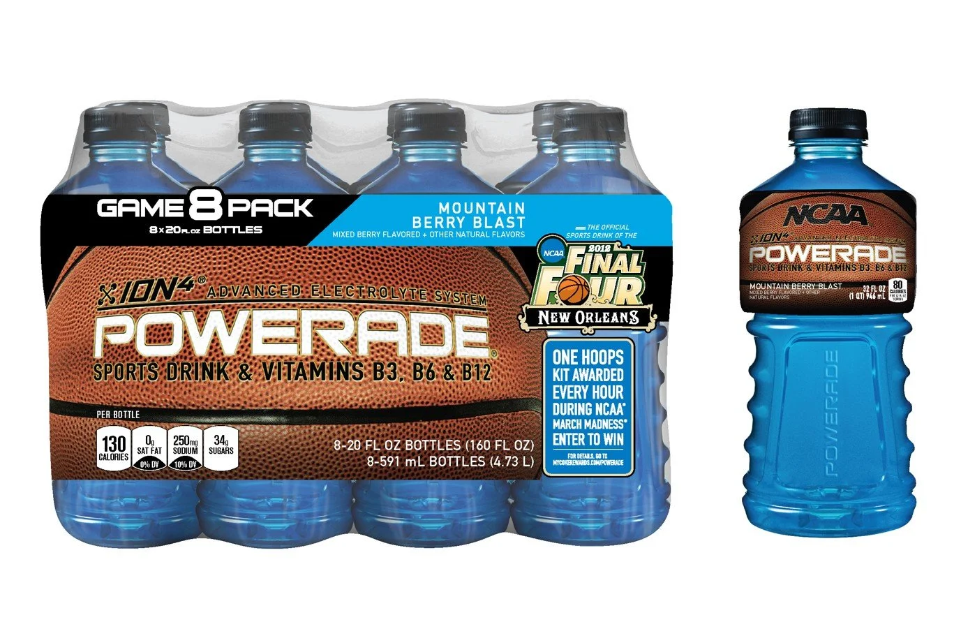 A 8-pack of Powerade sports drinks bottles, with a blue and brown label, and one separate bottle to the right. The label highlights that it is mountain berry flavor, contains vitamins B3, B6, B12, and has 130 calories per bottle.