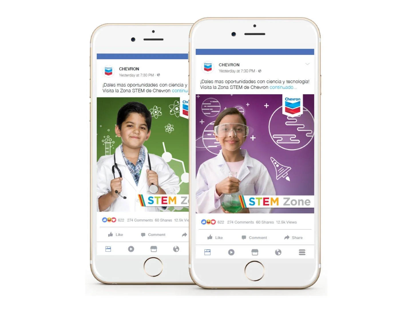 Two smartphones displaying Facebook posts about a Chevron STEM Zone campaign, each featuring a smiling child dressed in a lab coat and safety goggles, with colorful scientific graphics and the text 'STEM Zone'.