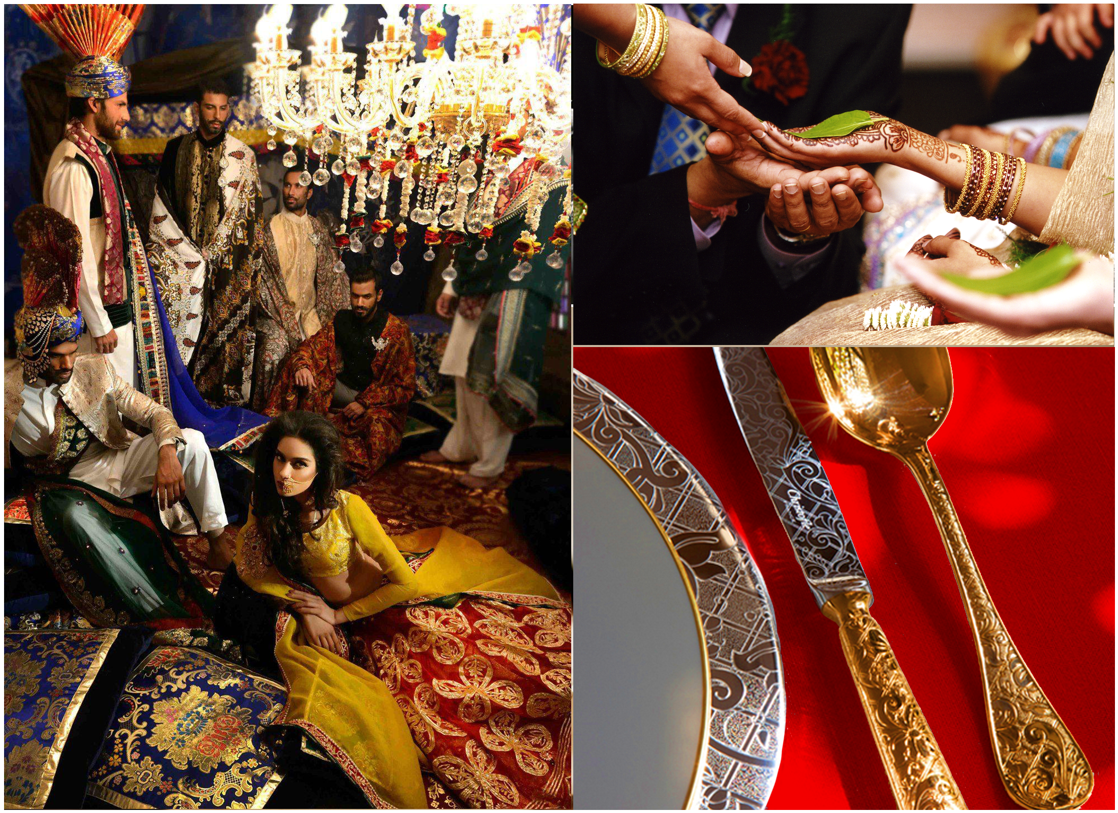 A traditional Indian wedding scene with people dressed in colorful, ornate garments. The bride is wearing a yellow and black outfit, while others wear elaborate costumes and accessories. There are intricate decorations, chandeliers, and a festive atm