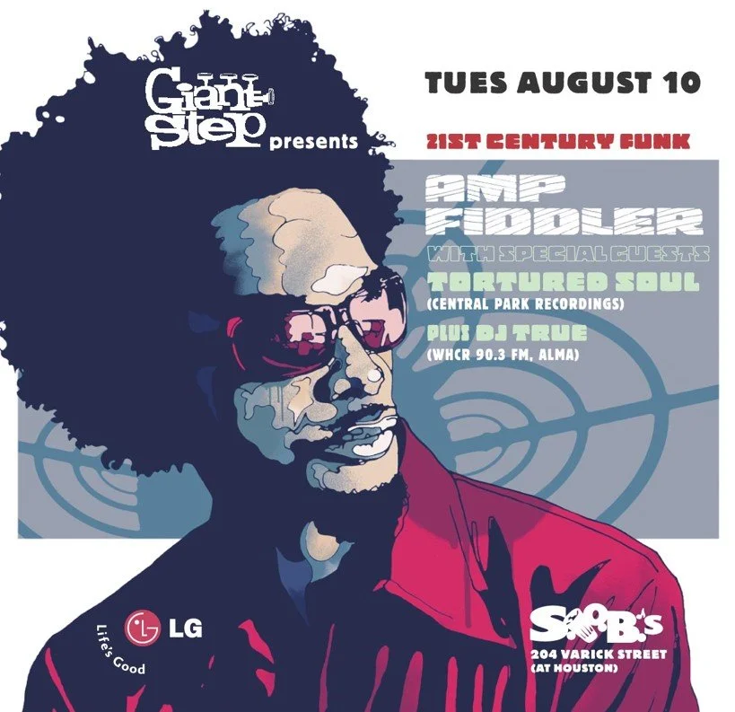 A poster for a musical event featuring Amp Flloader with special guests Tormented Soul and DJ True, scheduled for Tuesday, August 10, at SOB's on Varick Street in Houston. The event is part of the 21st Century Funk series and is presented by Gant St.