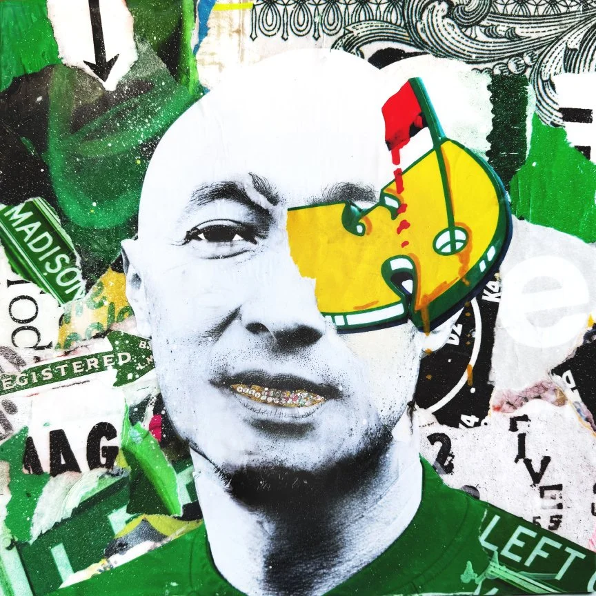 A collage street art mural featuring a black-and-white portrait of a man with a gold grill, layered with colorful spray paint, stickers, and mixed graphics. A yellow and green skateboard graphic partially covers his face.
