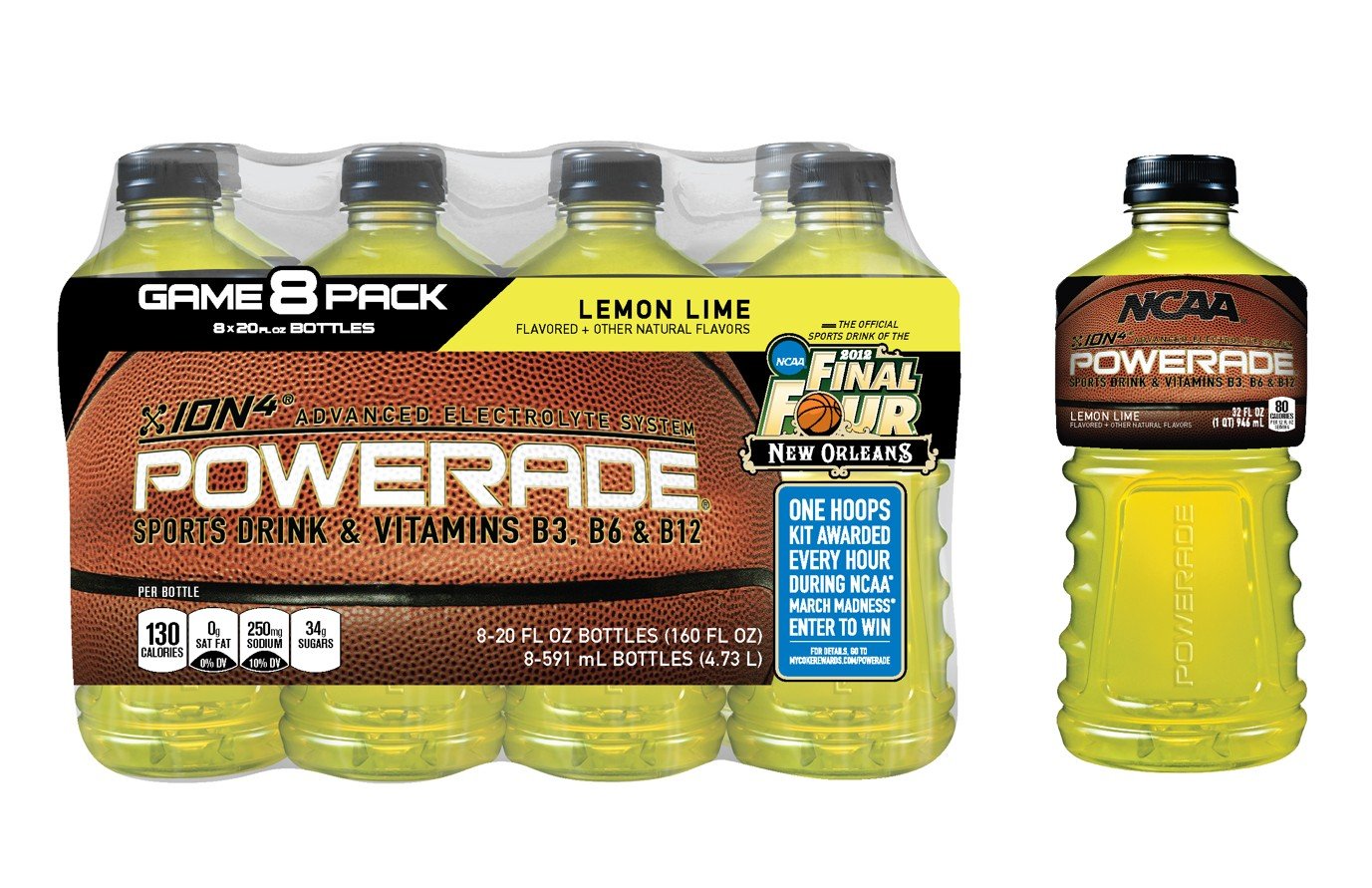 A pack of eight 20-ounce bottles of Powerade sports drink in lemon lime flavor, with one bottle displayed to the right. The bottles are yellow with black caps, and the label features a basketball graphic and sports-related text.