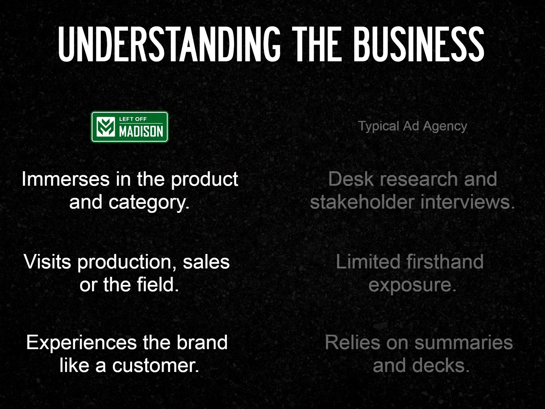 Immerses in the product and category Visits production, sales, or the field Experiences the brand like a customer