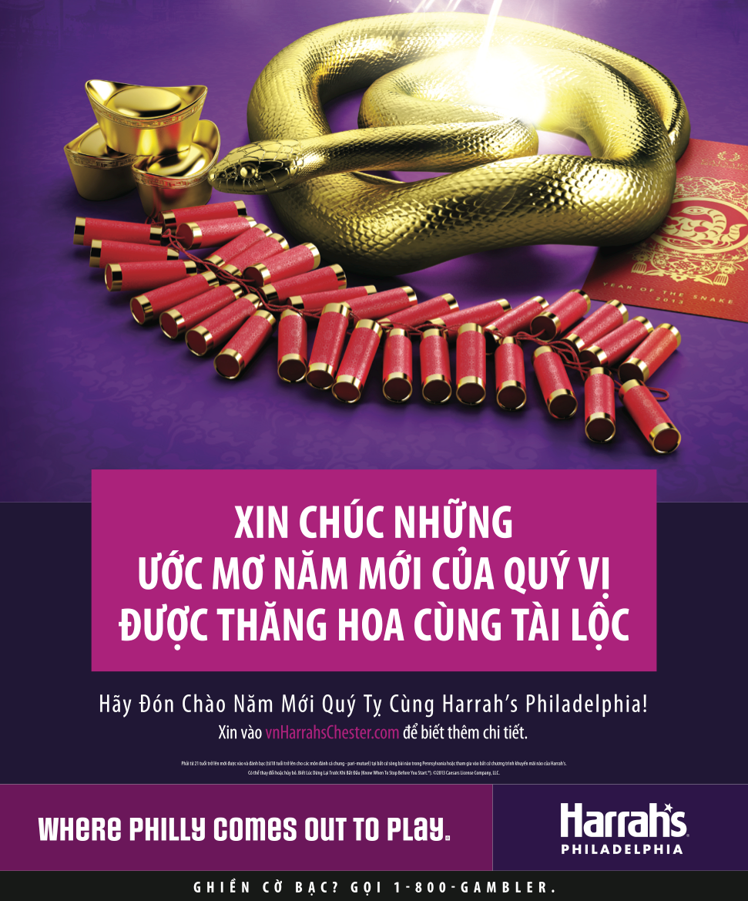 A decorative gold snake coiled around fireworks and gold ingots on a purple background with Vietnamese text celebrating the New Year, and Harrah's Philadelphia logo.