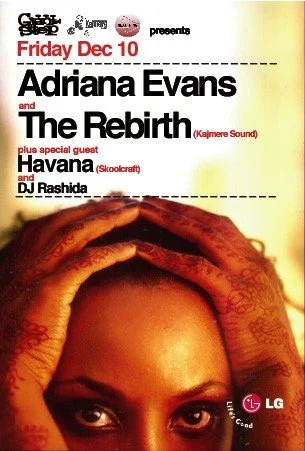Event poster advertising a concert featuring Adriana Evans and The Rebirth, with special guest Havana and DJ Rashida, scheduled for Friday, December 10.