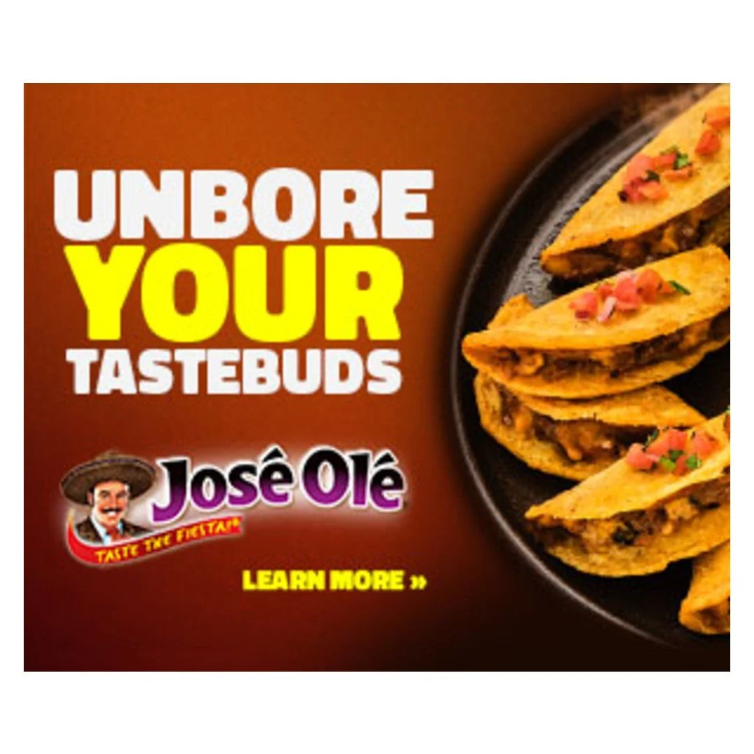 Advertisement for Jose Olé featuring crispy taco chips filled with beef, garnished with diced onions in a black bowl, with bold text promoting to 'Unbore Your Tastebuds' and a call to learn more.