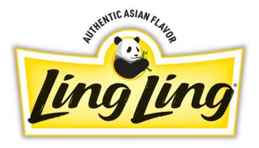 Ling Ling logo featuring a panda holding a bamboo stick above the text, with a yellow background and black border.