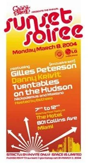 Poster for the 2004 Jumpstart Soiree event featuring Gill Peterson and Danny Nickay at The Hotel in Miami on March 8, 2004, with details about the event and host.