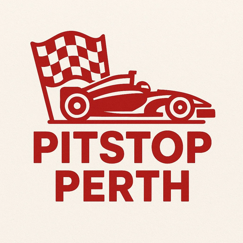 A red racing car with a checkered flag above it, and the words "PITSTOP PERTH" below.