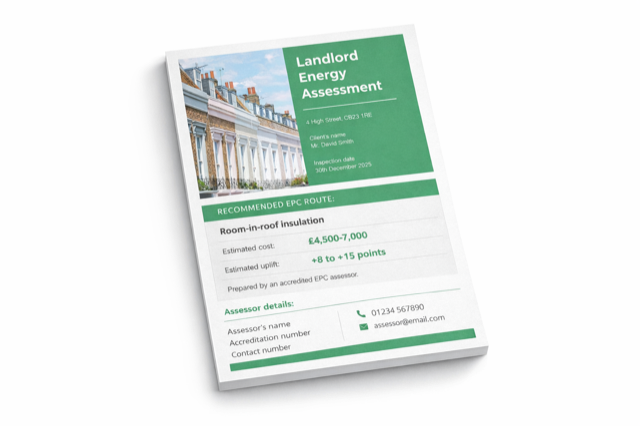 A report titled 'Landlord Energy Assessment' with details about a home insulation assessment, including estimated costs and points, and contact information.