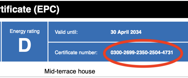 EPA energy performance certificate showing D rating, valid until April 30, 2034, with certificate number 0300-2699-2350-2504-4731, for a mid-terrace house.