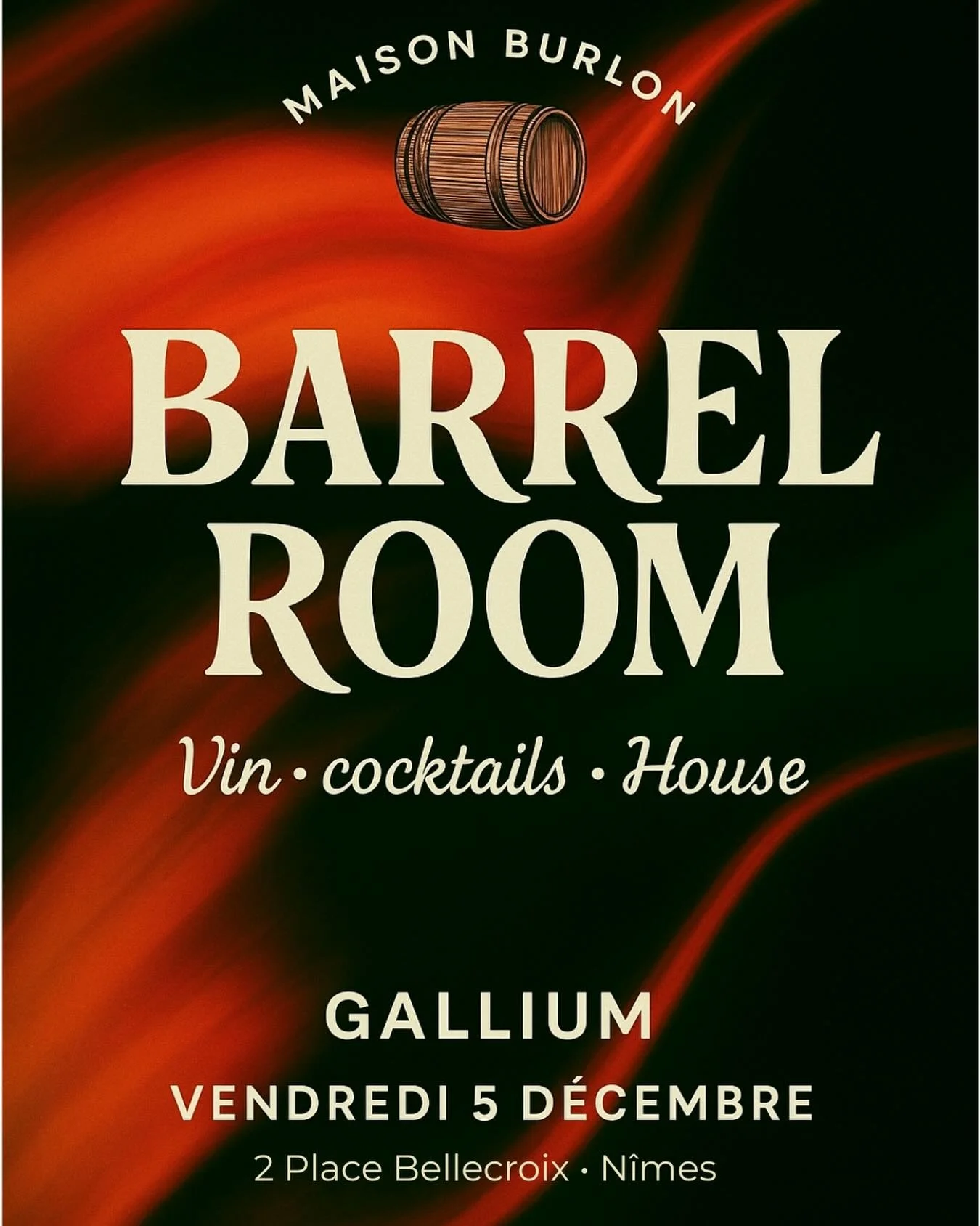 🎵 BARREL ROOM II 🎶

On vous donne rdv ce vendredi pour la deuxi&egrave;me &eacute;dition de Barrel Room 😎

🎧 DJ set House par @gallium.music
🍇 Bon vin 
🍸Cocktails signature 
🥘 tapas maison 

Les essentiels d&rsquo;une soir&eacute;e r&eacute;us