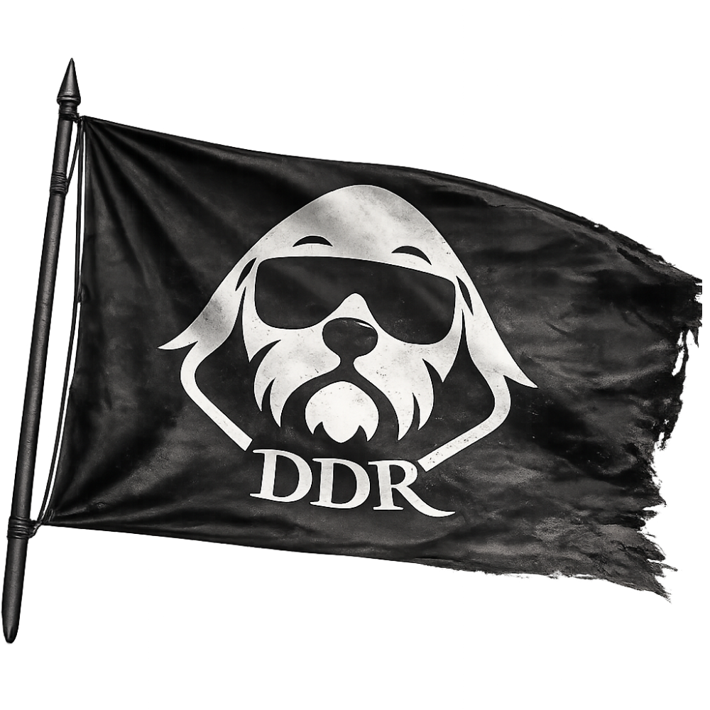Black flag with graphic of a dog's face wearing sunglasses and ears, and the letters 'DDR' underneath.