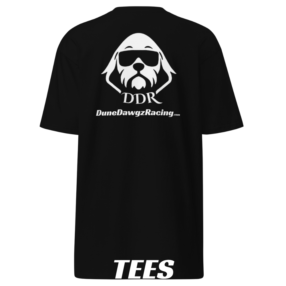 Black T-shirt with a graphic of a dog's face wearing sunglasses, the text "DDR" underneath, and the website "DuneDawgzRacing.com" below that. The word "TEES" is written at the bottom.