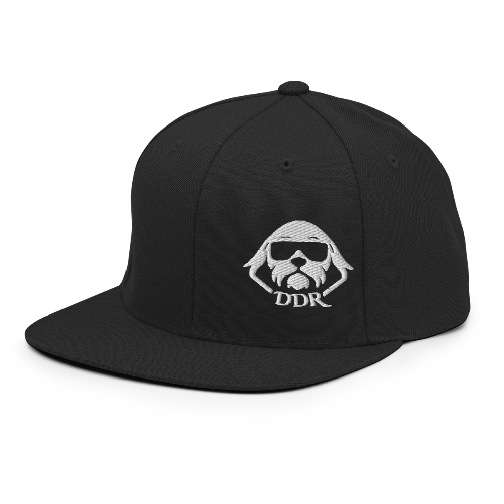 Black baseball cap with a white embroidered logo of a dog wearing sunglasses and the letters DDR below.