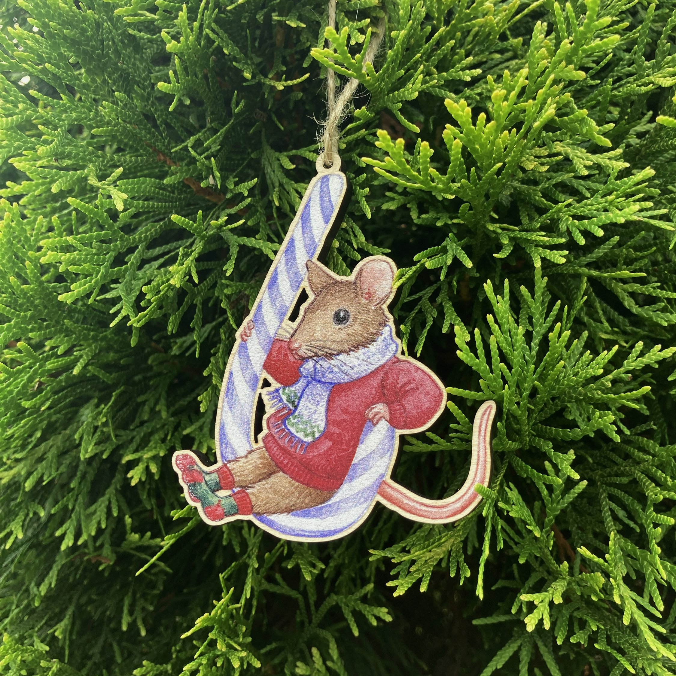 Festive Mouse Wooden Ornament