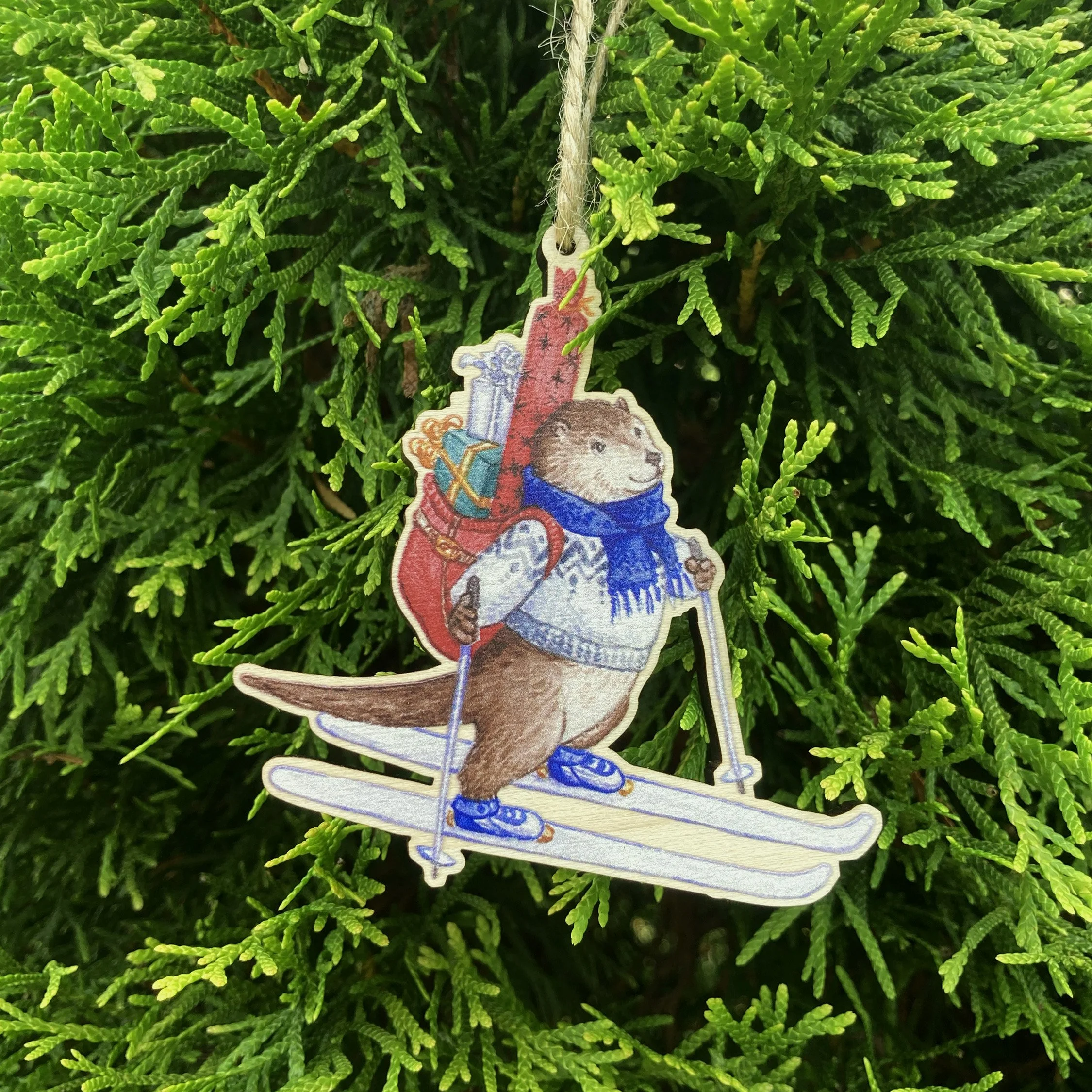 Festive Otter Wooden Ornament