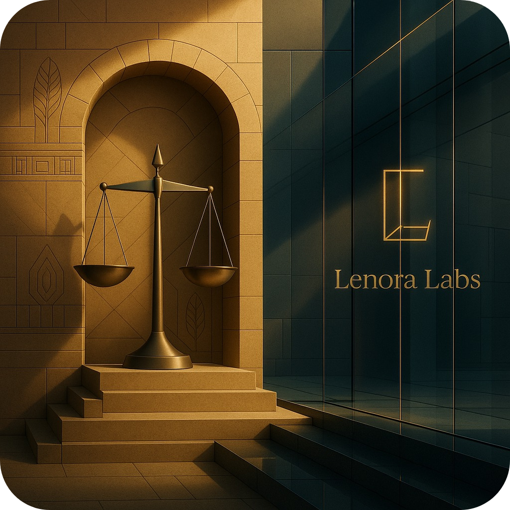 Das Bild zeigt eine moderne Building-Fassade mit einer Skulptur einer Waage, im Stile eines Papyrus-Reliefs, vor einem innovativen Design mit Firmenlogo "Lenora Labs" auf der rechten Seite.