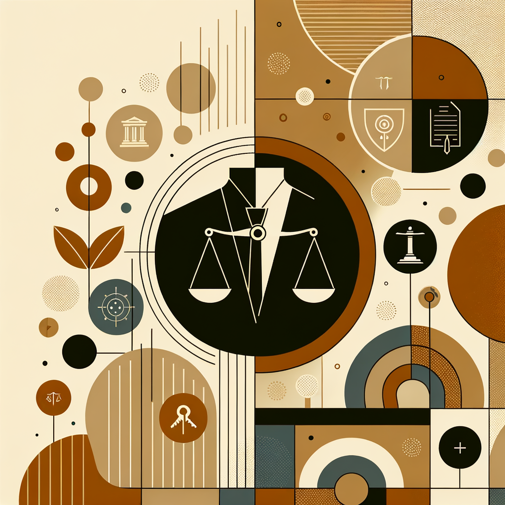 Illustration einer Bandbreite an Symbolen in Schwarz, Braun, Beige und Halbtönen, darunter eine Waage, ein Bundesadler, ein Schloss, ein Zielfernrohr, ein Schreibgerät, und andere geometrische Formen und Linien.