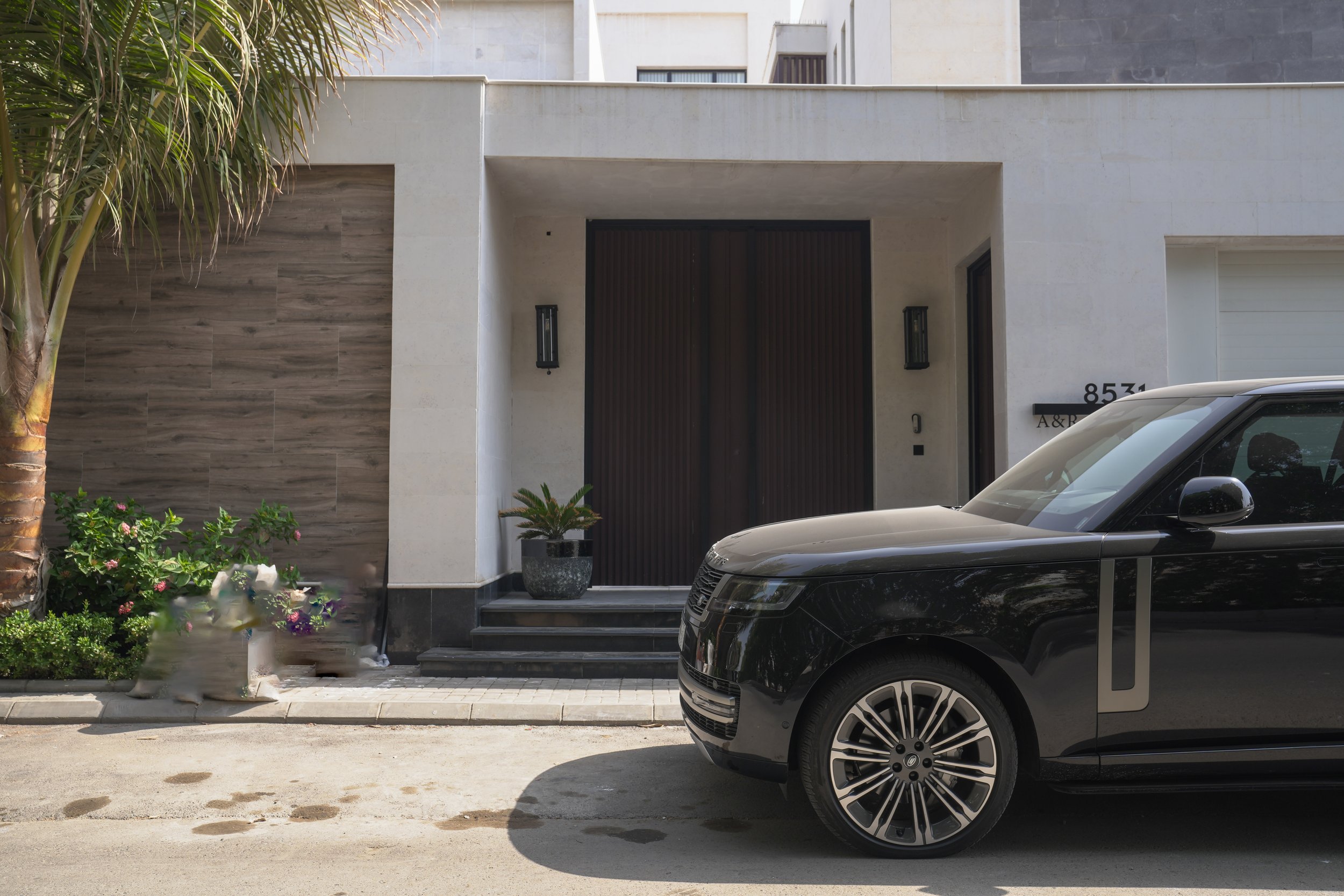 Front view of a modern house with a dark wooden door, potted plants on steps, and a black car parked in front.