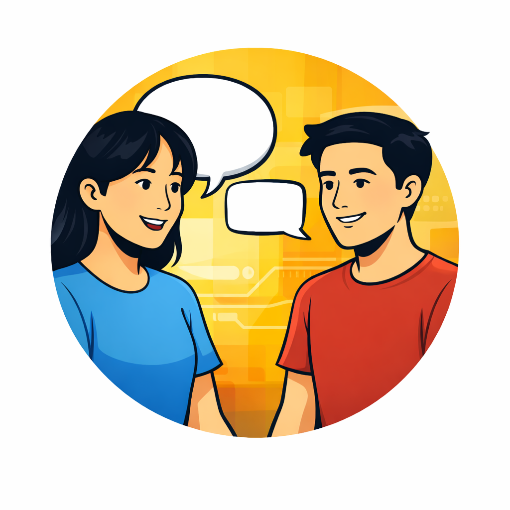 A cartoon illustration of a woman and a man having a friendly conversation, each with speech bubbles indicating dialogue, against a yellow digital background.