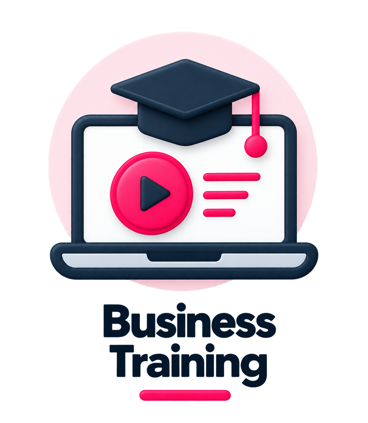 Digital illustration of a laptop with a play button icon, a graduation cap on top, and the text 'Business Training' below, indicating online business education.