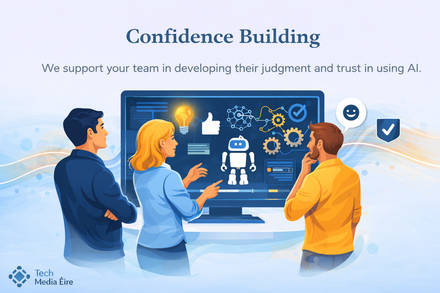 Three people discussing AI development in front of a computer screen with icons of gears, a robot, thumbs up, and blueprints, with a header that reads 'Confidence Building' and a subtext about supporting teams in developing their judgment and trust in AI.