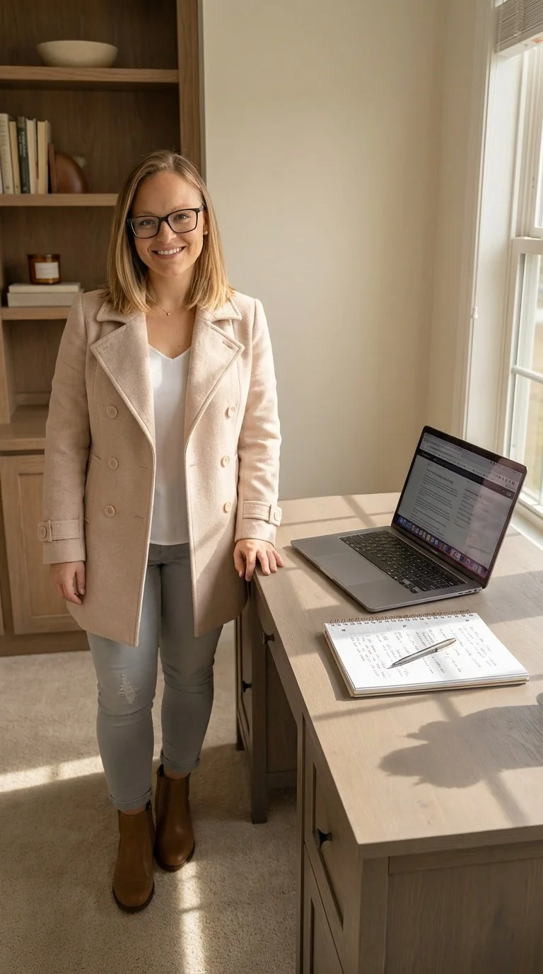 A woman with glasses and blonde hair standing next to a desk with a laptop and a notebook, inside a well-lit room near a window.