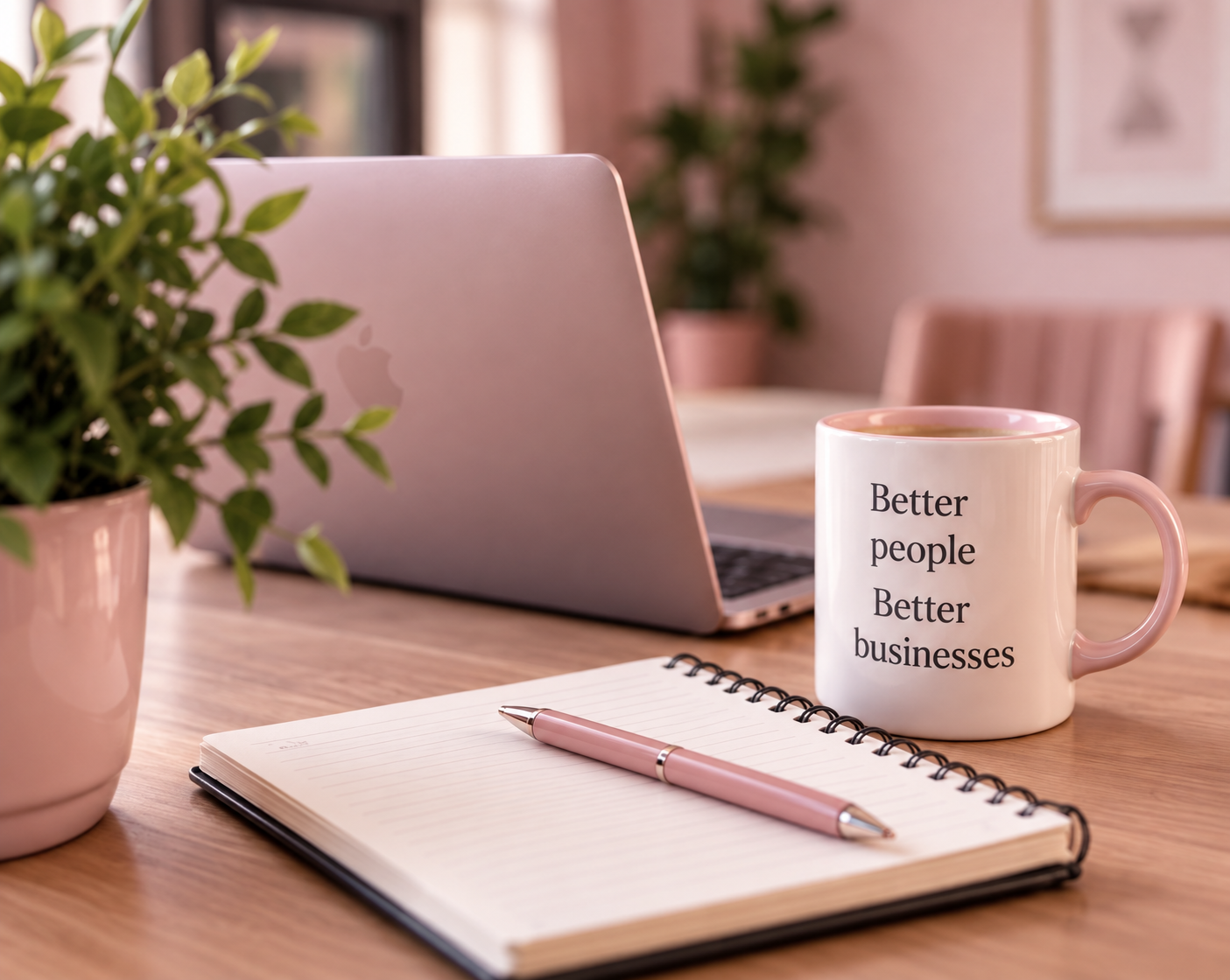 A workspace with a pink laptop, a notebook with a pink pen, a mug with the inscription 'Better people Better businesses', a potted plant, and a blurred background of a cozy office or home office setting.