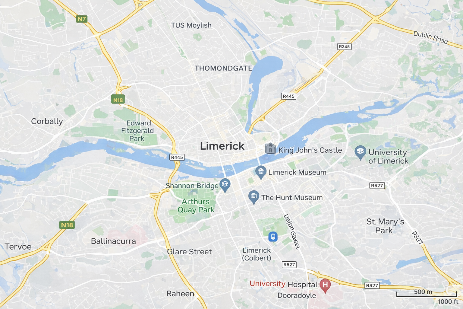 Map of Limerick, Ireland, showing landmarks such as King John's Castle, Limerick Museum, The Hunt Museum, University of Limerick, and parks like Arthur's Quay Park and Edward Fitzgerald Park, with roads and bridges highlighted.