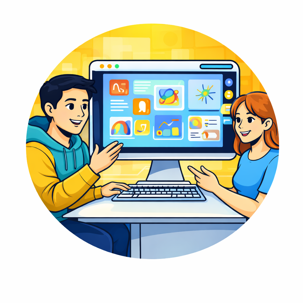 Two animated people, a man and a woman, discussing a computer screen displaying colorful charts and graphics in a bright room.