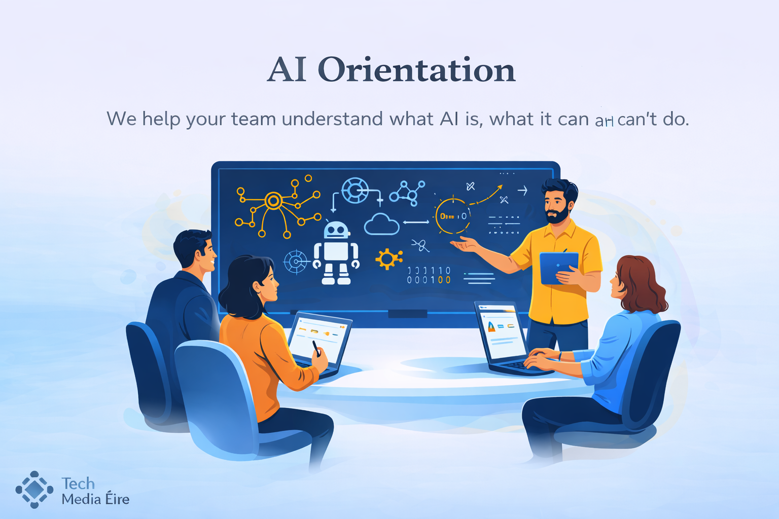 A presentation about AI orientation shows a trainer explaining AI concepts to a diverse group of three team members, with a large screen displaying AI graphics and coding.