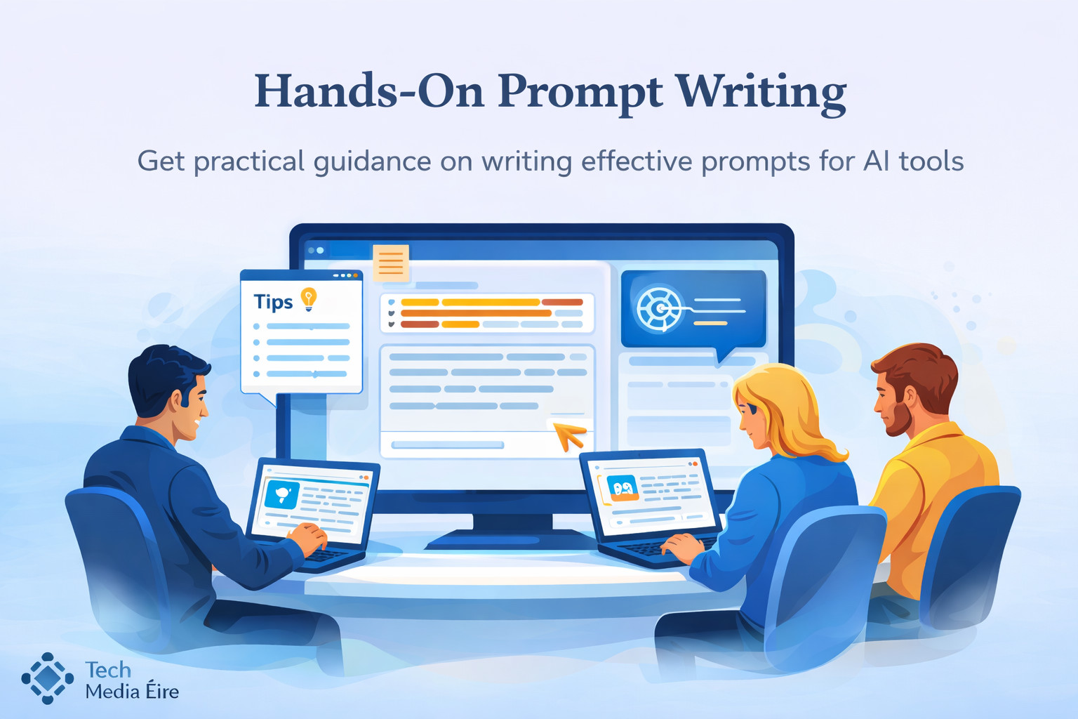 Illustration of three people working on laptops at a round table, with a large monitor showing writing prompts and ideas in the background. The text reads 'Hands-On Prompt Writing' with a subtitle 'Get practical guidance on writing effective prompts for AI tools.'