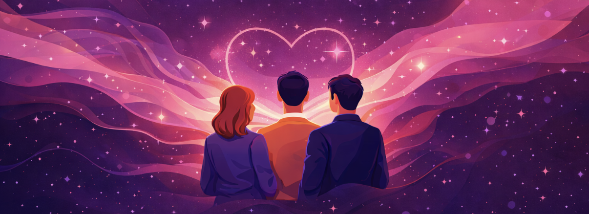 Three people, two men and one woman, sitting together and looking at a cosmic background with stars and colorful streaks, forming a heart shape in the sky.