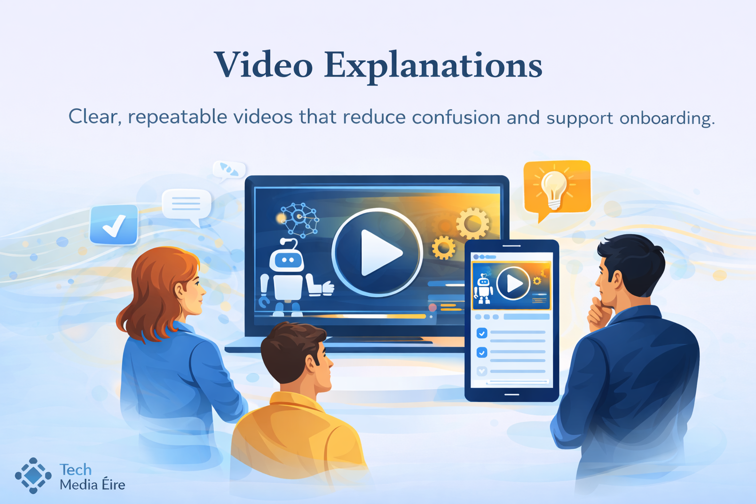 Illustration of a presentation slide titled 'Video Explanations' showing three people, two men and a woman, watching a large computer screen and a mobile device displaying video content with a robot icon and gears, emphasizing clear, repeatable videos for onboarding.