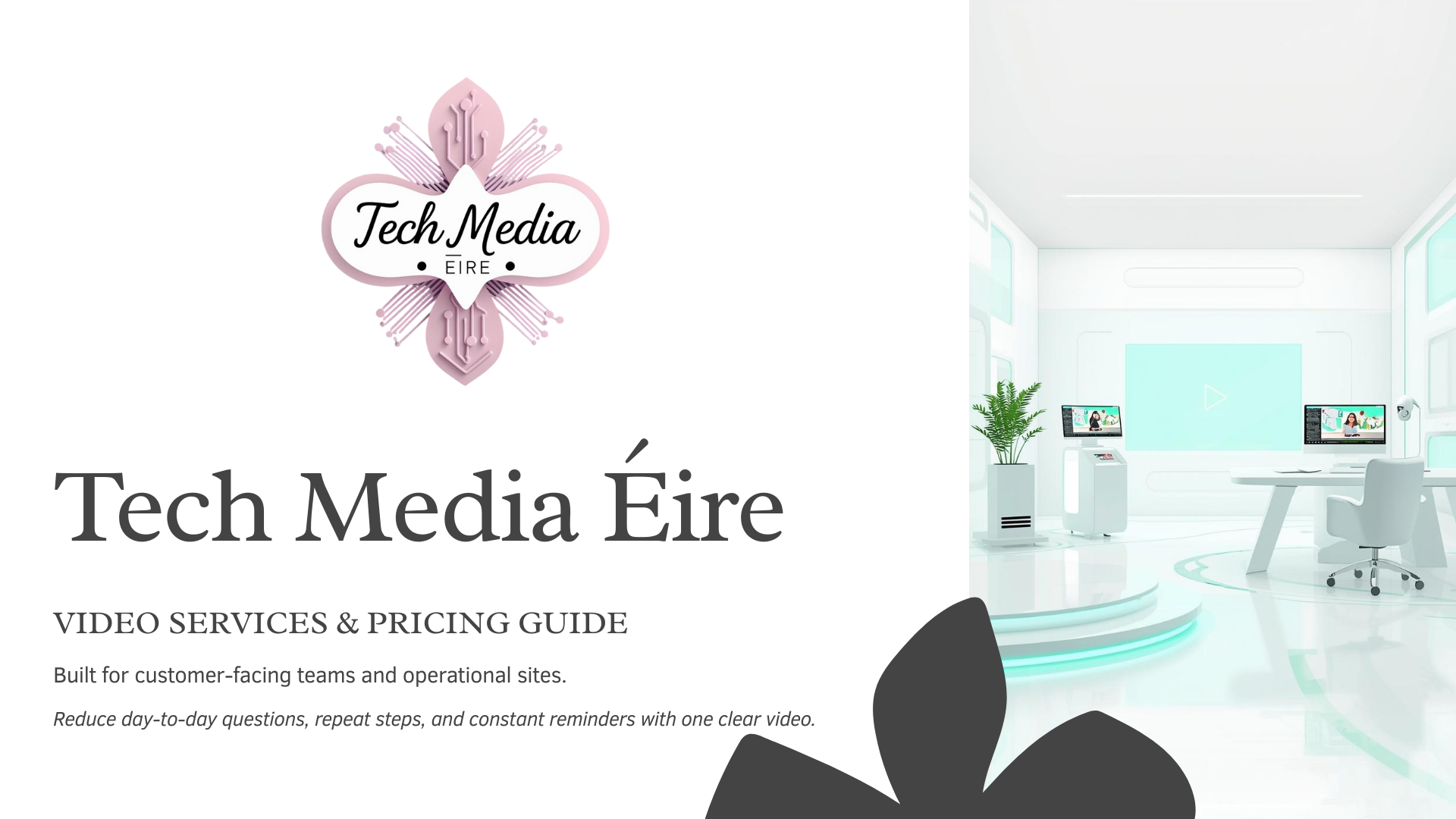 Cover page of Tech Media Éire video services and pricing guide with a logo at the top and a modern, high-tech office interior on the right side.