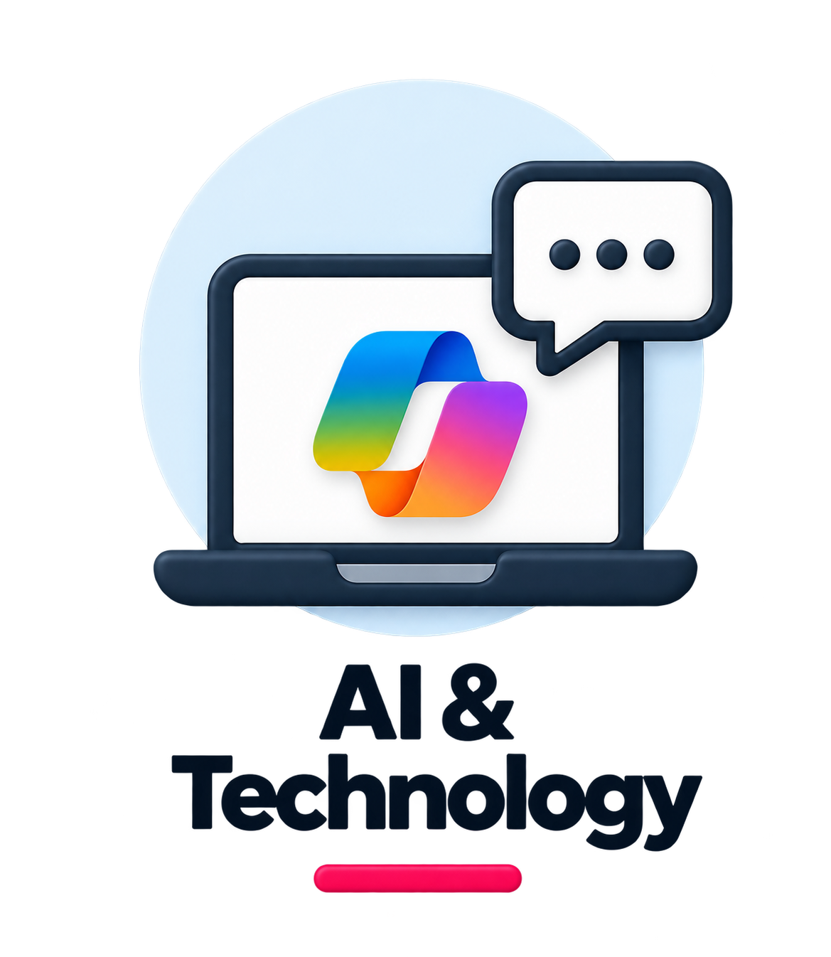 A computer monitor displaying a colorful butterfly-shaped logo. A speech bubble with three dots is placed above the monitor, and the text "AI & Technology" is below it with a red underline.