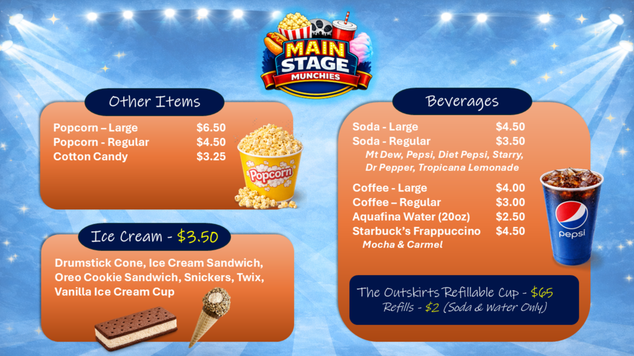Menu for Main Stage Munchies, showing items and prices: Other Items include large and regular popcorn and cotton candy; Beverages include large and regular sodas, coffee, Aquafina water, and Starbuck's Frappuccino; ice cream in various flavors and co