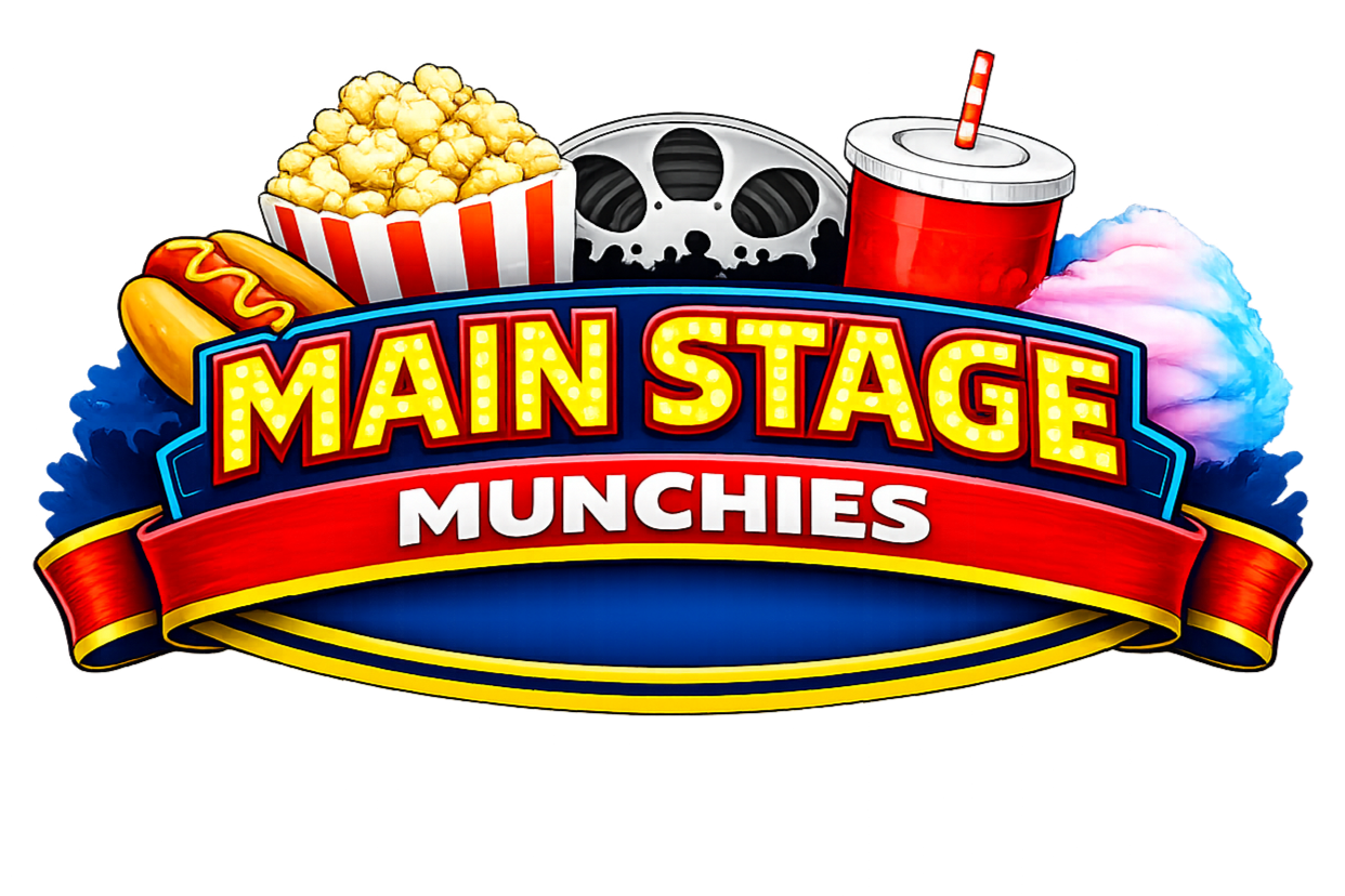Colorful film festival logo with popcorn, soda, cotton candy, movie reel, hot dog, and the text 'Main Stage Munchies' in bright yellow and white letters.