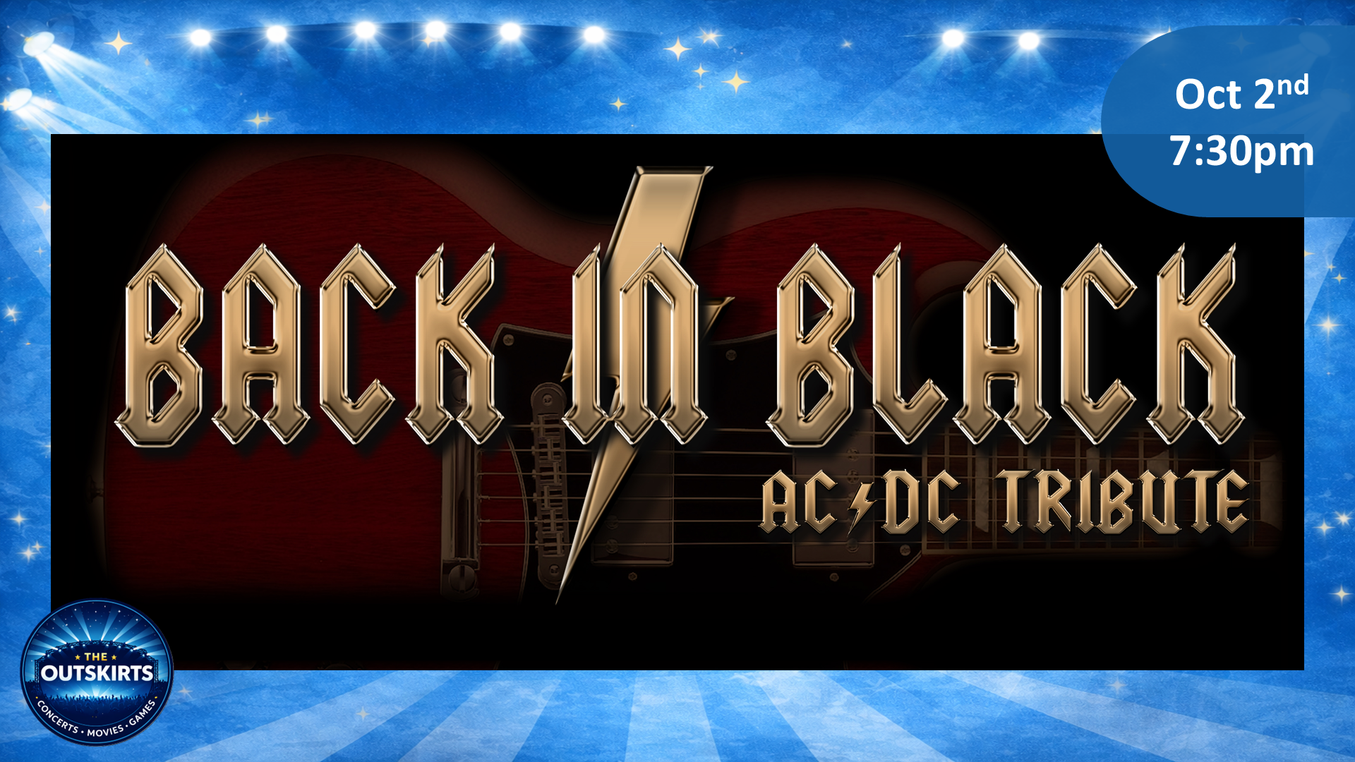 Event poster for Back in Black, an AC/DC tribute concert, scheduled for October 2nd at 7:30 pm, featuring a graphic of a red guitar with a lightning bolt.