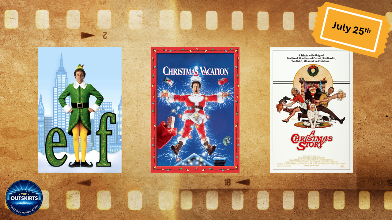 Three Christmas-themed movie posters: 'Elf' featuring a man in an elf costume against a city skyline, 'Christmas Vacation' with a person dressed as Santa flying with arms outstretched in front of a lightning storm, and 'A Christmas Story' showing characters in a humorous scene with festive decorations.