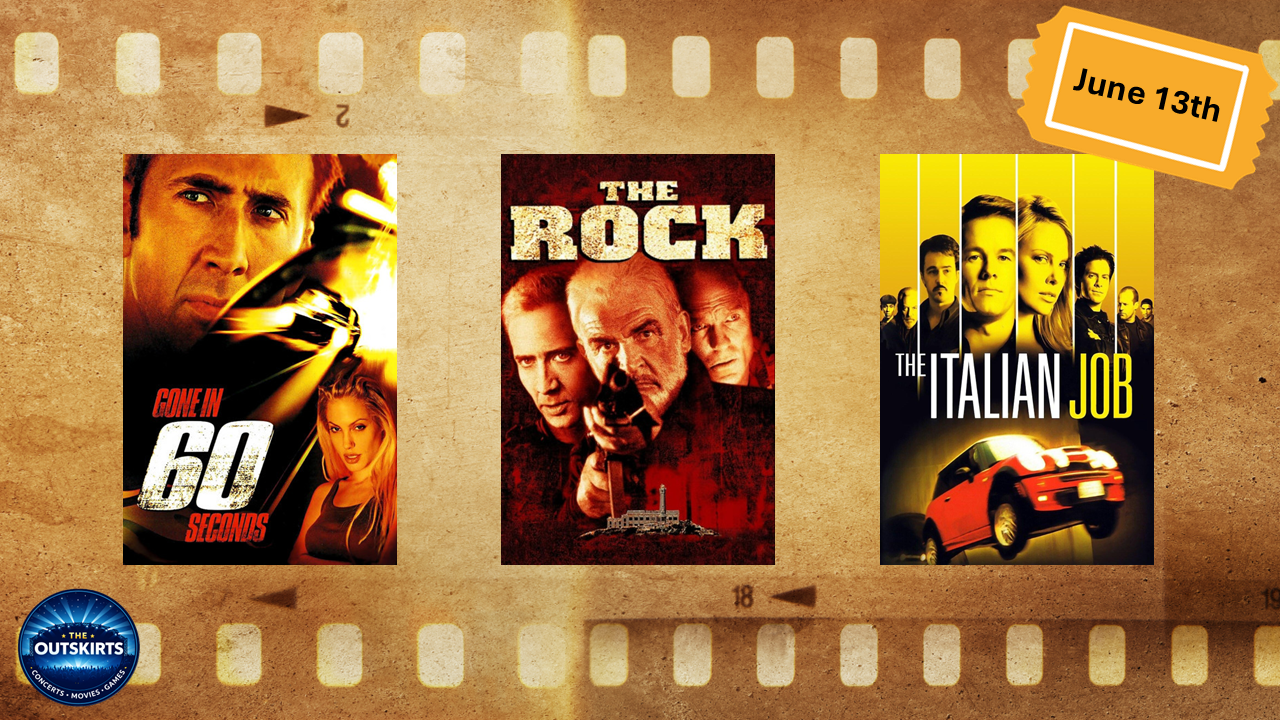 A film strip background with three movie posters: 'Gone in 60 Seconds' featuring Nicolas Cage and a female actress, 'The Rock' with Sean Connery, Nicolas Cage, and Ed Harris, and 'The Italian Job' with a red car and actors' faces. A label in the top right corner reads 'June 13th'.