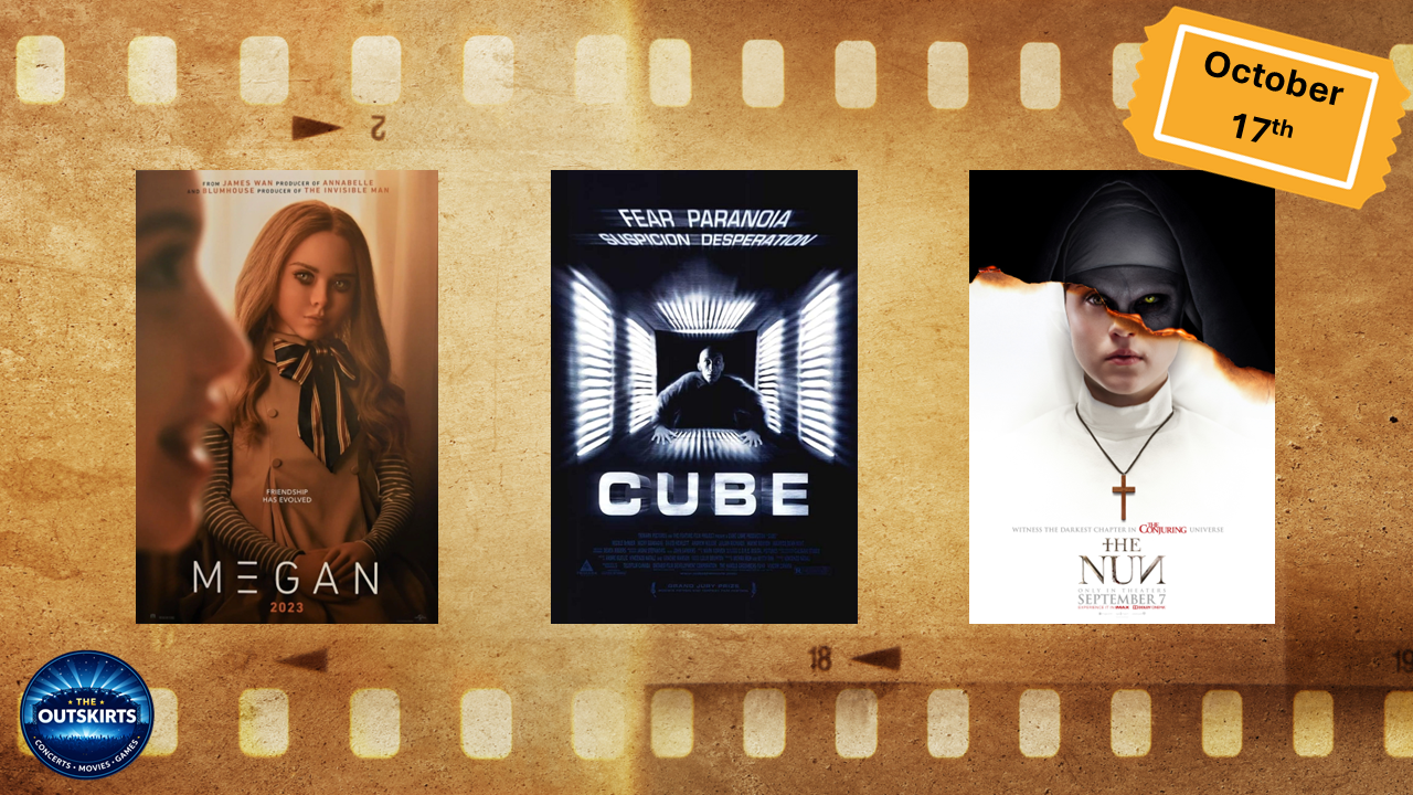 Three movie posters displayed on a film strip background. The first poster on the left is for the movie "Megan" featuring a young girl with long hair, wearing a striped shirt and a bow tie, with a girl partially visible in the foreground. The middle poster is for the movie "Cube," showing a man in front of a lit, futuristic cube structure with a dark background. The third poster on the right for "The Nun" features a young girl with a burned face, wearing a nun's habit and a cross necklace, with a dark, ominous background.