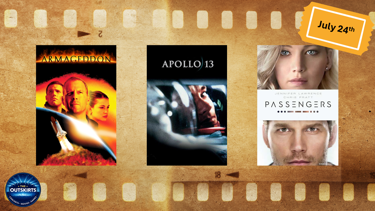 Image of three movie posters: 'Armageddon' featuring astronauts and a rocket, 'Apollo 13' showing an astronaut inside a spacecraft, and 'Passengers' with a close-up of a woman and a man.