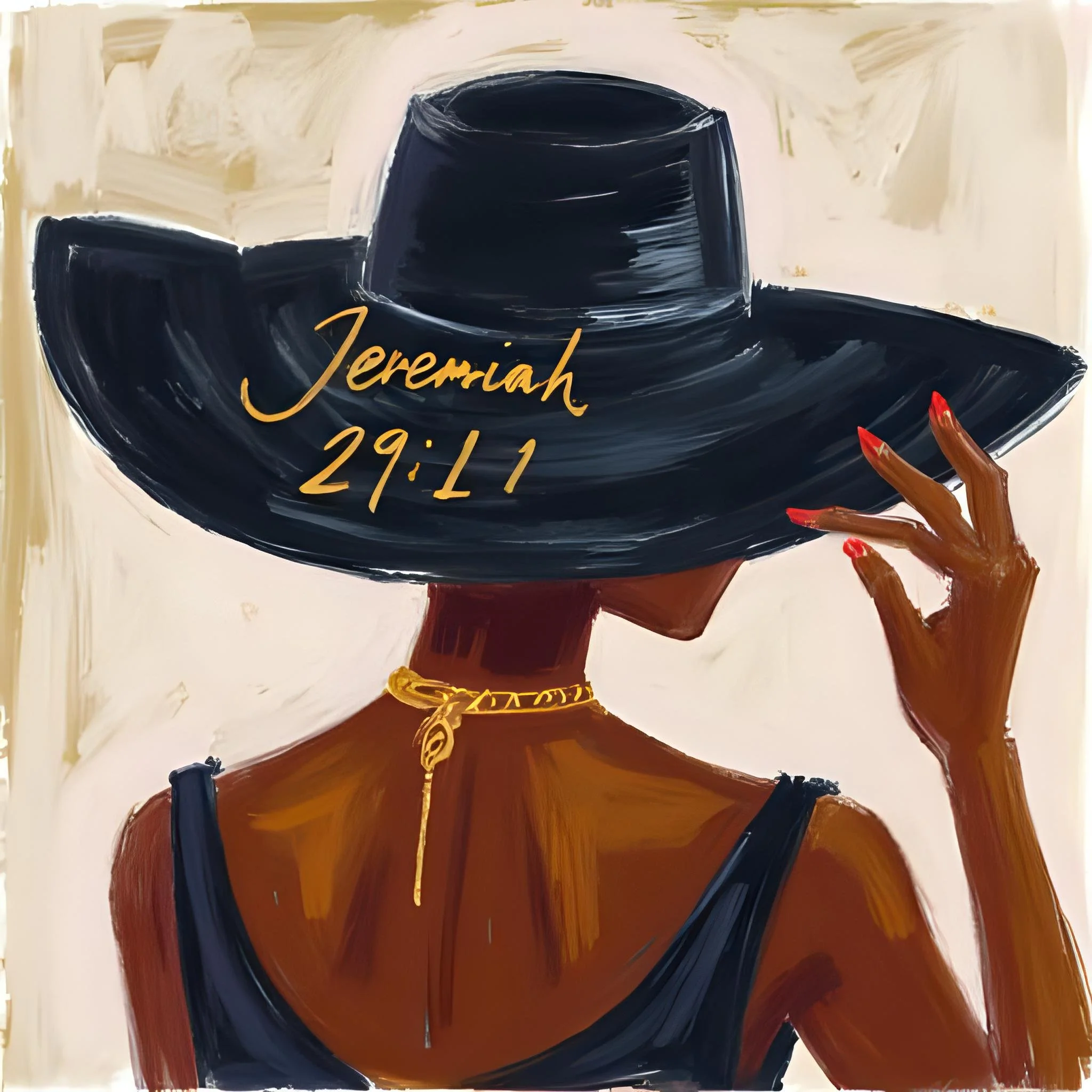   fashionable black woman wearing a wide hat and jewelries placing her hand on the tip of her hat written Jeremiah 29_11 back view.jpeg