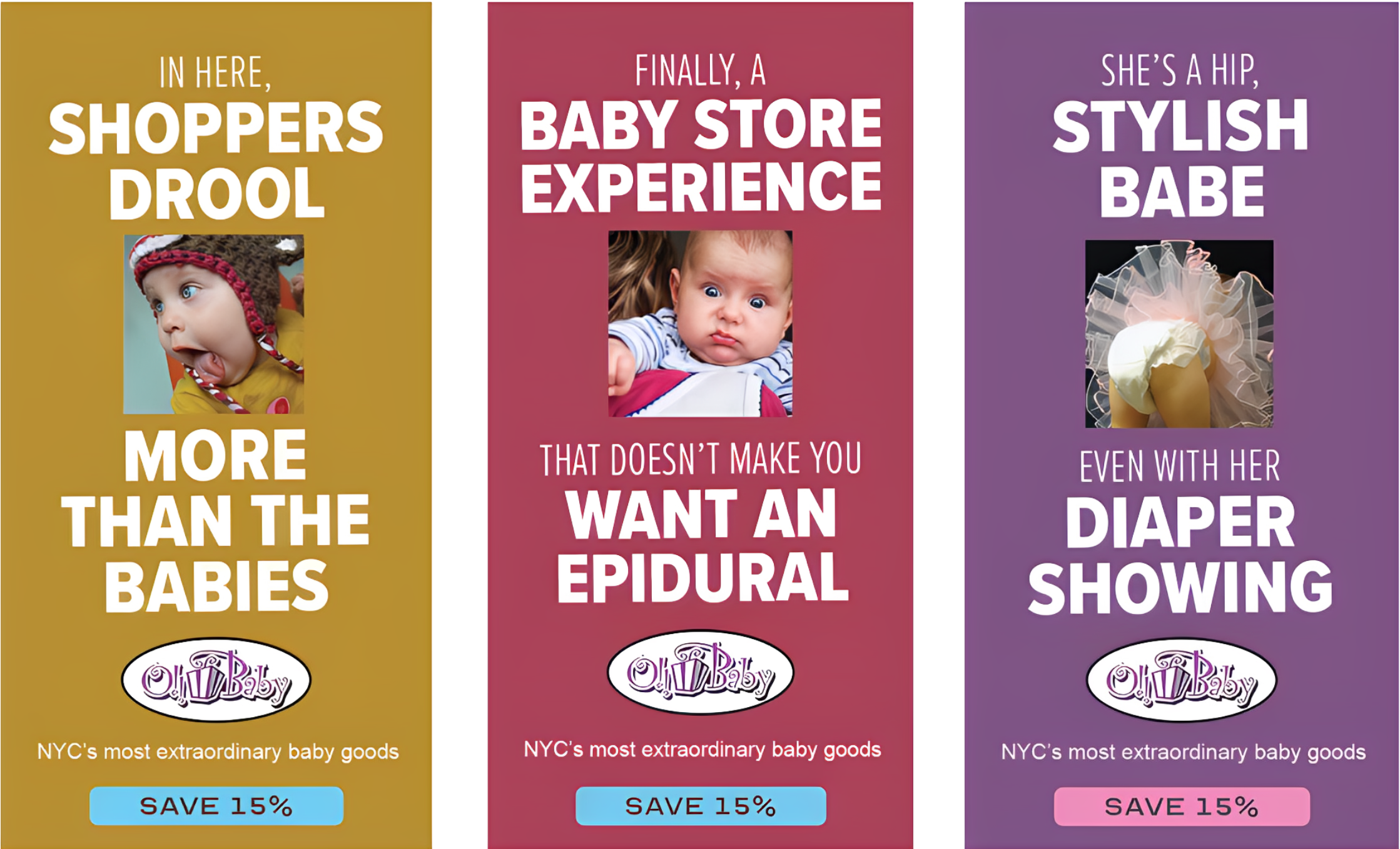 Three colorful advertisement banners for baby products. The first banner has a yellow background with a picture of a surprised baby wearing a knit hat, and text promoting baby goods with a 15% discount. The second banner features a pink background with an image of a confused baby and text about a baby store experience with a discount. The third banner has a purple background with a photo of a baby showing her diaper, with text about stylish diapers and a discount.