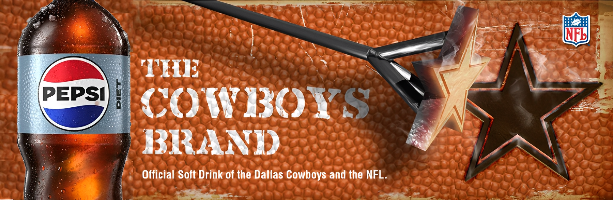 A close-up of a cold bottle of Pepsi Diet soft drink on the left side of the image. The background is textured with Dallas Cowboys football team colors and patterns with the text "The Cowboys Brand" and "Official Soft Drink of the Dallas Cowboys and the NFL." There are two star-shaped ornaments, one gold and one black, and a baseball bat-like object crossing over the background. The NFL logo is in the top right corner.